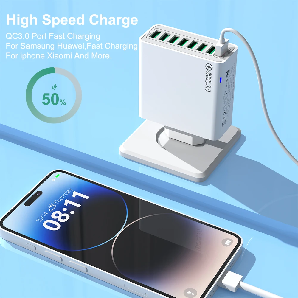 USB 65W Charger 8 Ports Fast Charging Charger Adapter For iPhone Samsung Xiaomi EU/US/KR Plug Quick Charge USB A Wall Charger