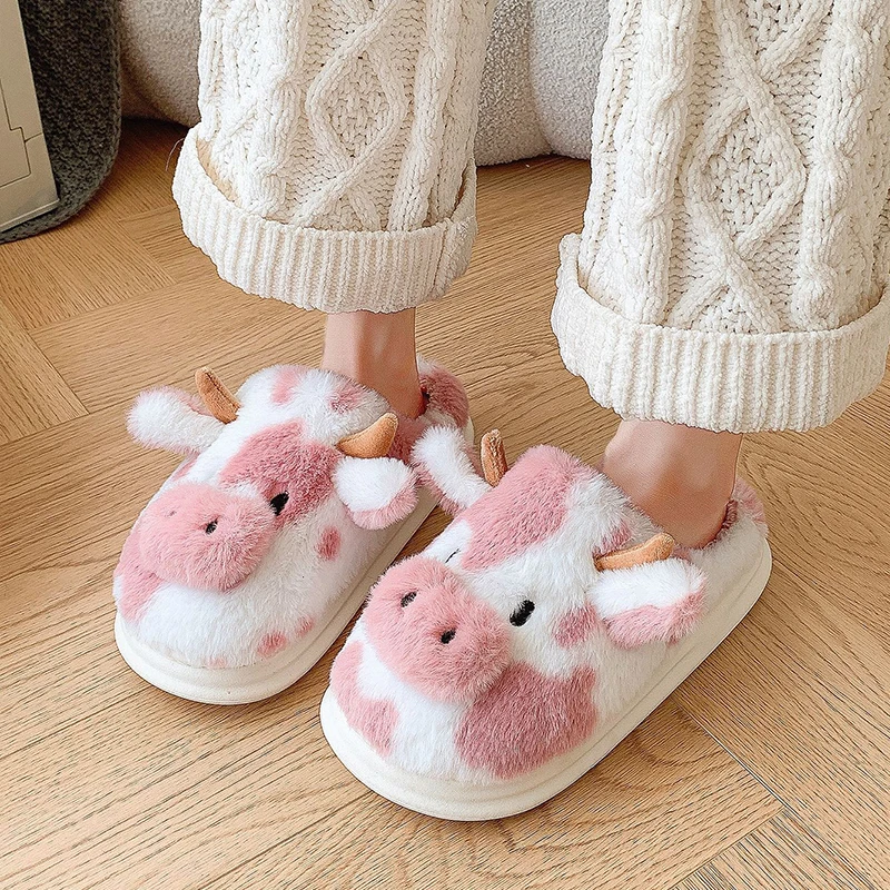 Women's Winter Warm Cartoon Cow Slippers Non Slip Comfot Home Furry Cotton Shoes Women Indoor Bedroom Thick Sole Plush Slippers