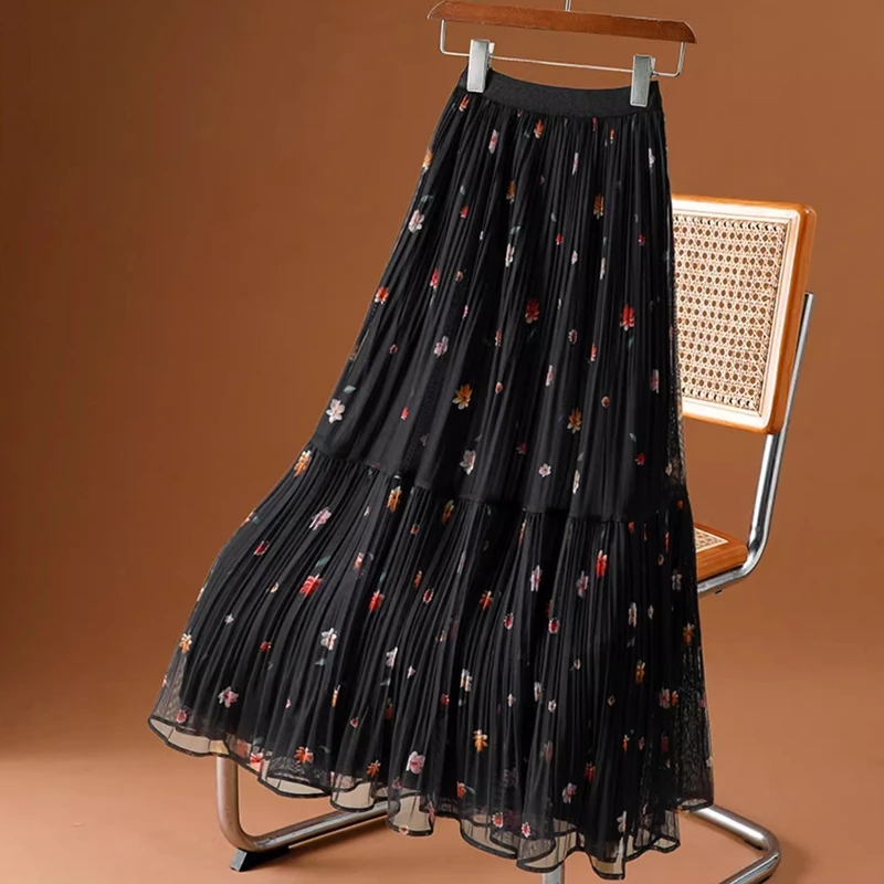 

Black Mesh Tulle Pleated Cake Skirt Women Spring Summer Fashion Flower Print Work Party Midi Long Skirt