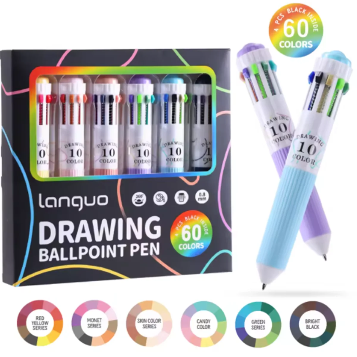 3-6 Pack Multicolor Pens, 28-60 Colors, 10-in-1 Colored Ballpoint Pen,0.8mm Fine Point Smooth Writing,Retractable Ballpoint Pens