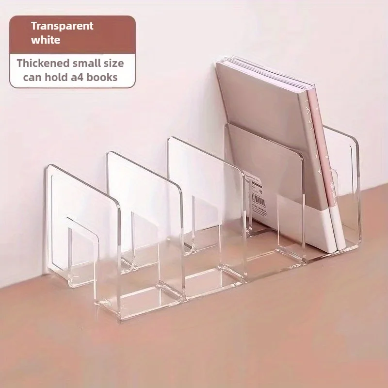 1pc Clear 4 Compartment Acrylic Desktop File Rack Bookend Organizer Multi Grid Office Student Paper Book Storage Holder
