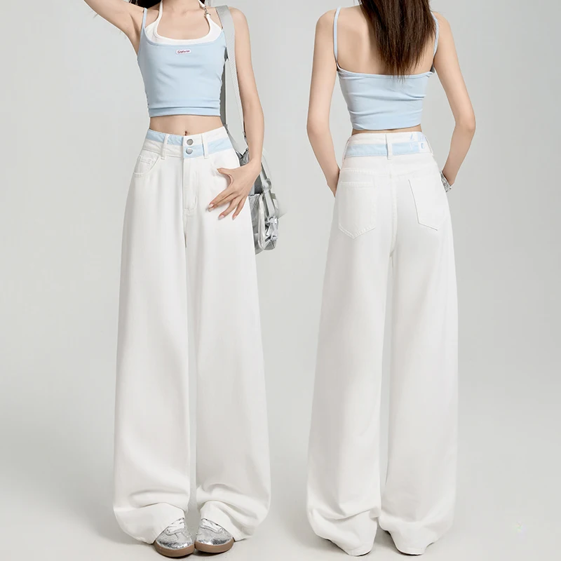 فضفاض عادية واسعة الساق الدنيم السراويل الصيف جديد رقيقة 100% القطن المرأة عالية الخصر Y2K التباين خياطة كل مباراة فضفاض الجينز