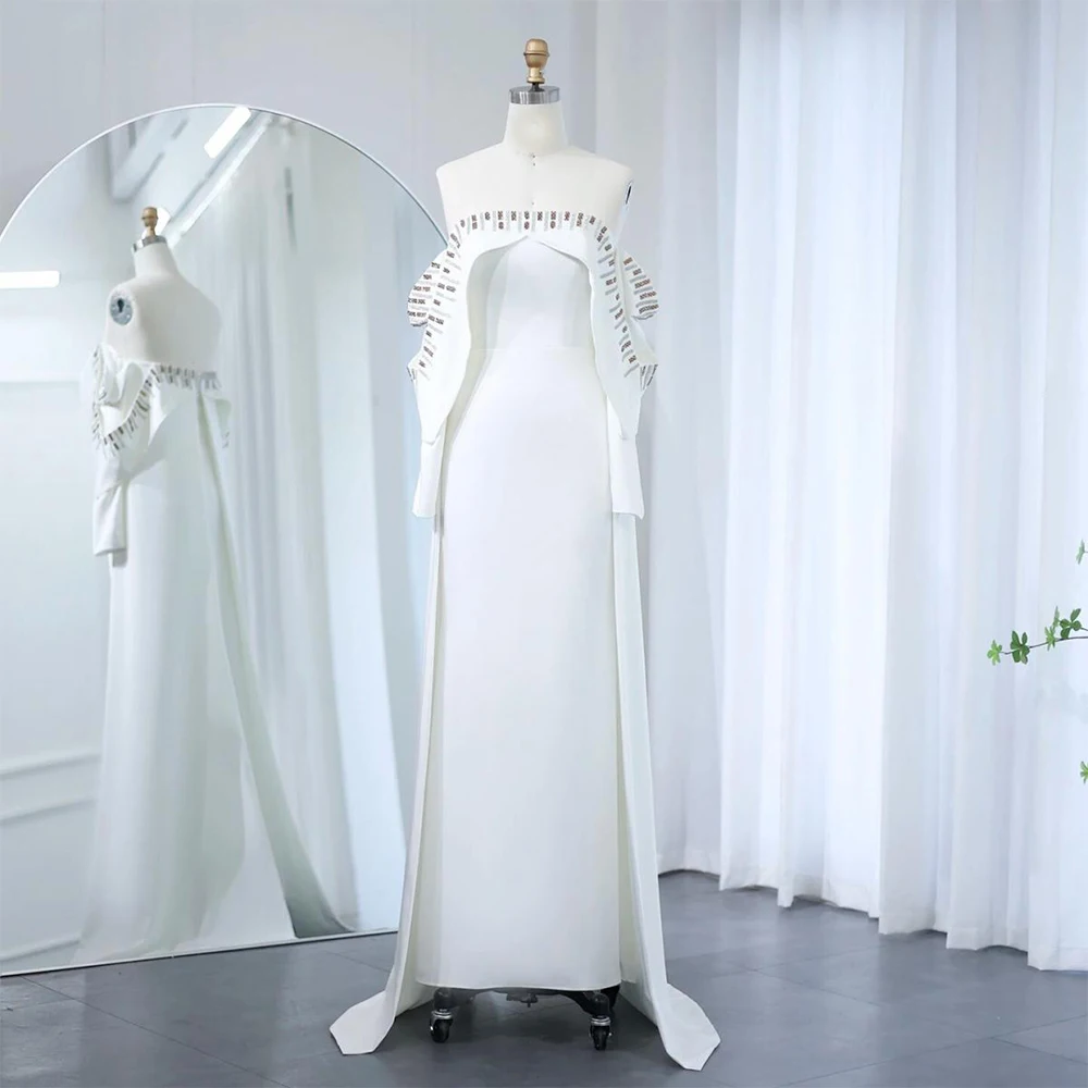 

High Quality White Elegant Evening Dresses Jersey for Floor-Length Strapless Off the Shoulder Prom Dress Crystal Customized