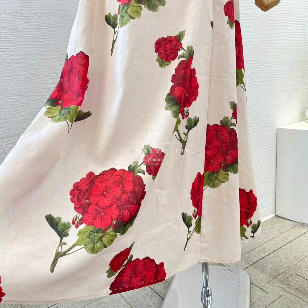 

High Quality Linen White Red Rose Print Short Sleeve Midi Dress