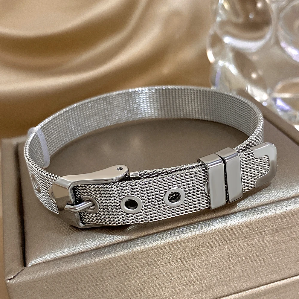 AENSOA Classic Belt Shape Stainless Steel Bracelets for Women Men Statement Gold Plated Metal Bangle Unisex Wristband Jewelry
