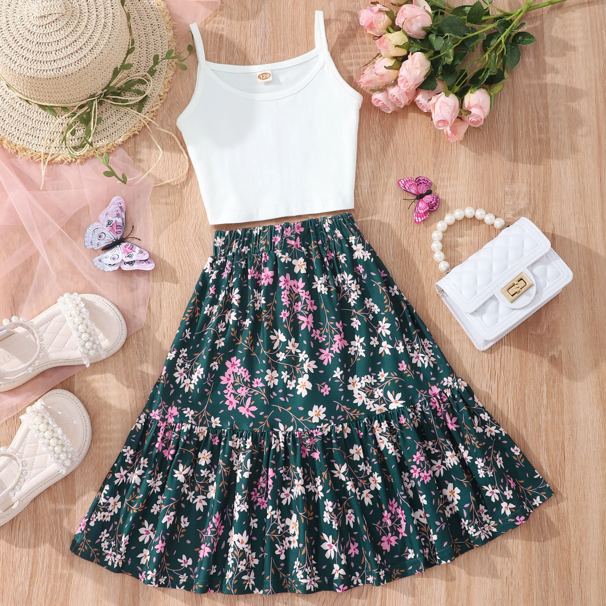 2pcs Girls Crop Cami Tops & Flowers Graphic Ruffled Hem Skirt Set Kids Summer Clothes