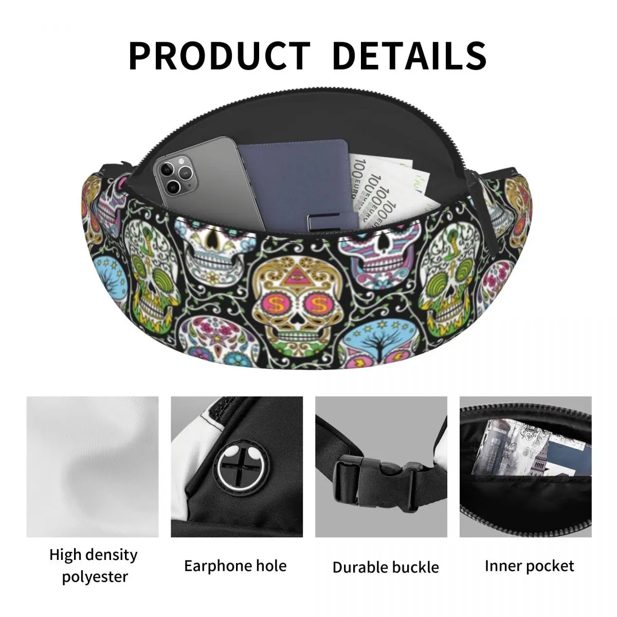 Mexicaanse Schedel Bloem Patroon Fanny Tas Custom Crossbody Taille Verpakking Vrouwen Mannen Reizen Wandelen Telefoon Geld Pouch