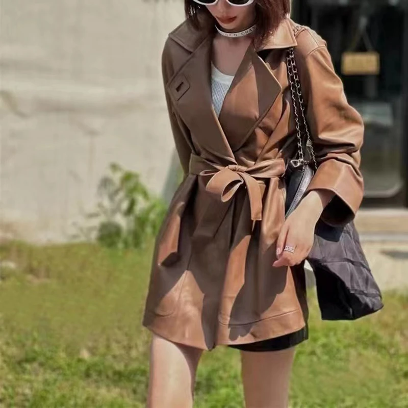 Spring Autumn Belt Real Leather Trench Coat Women Lambskin Lady Loose Outerwear