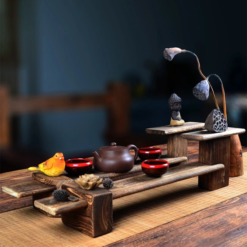 Discount Retro BoGu Shelf Solid Wood Creative Kung Fu Tea Set Organization Racks Ecoration Zen Chinese Style Pot Storage Holders