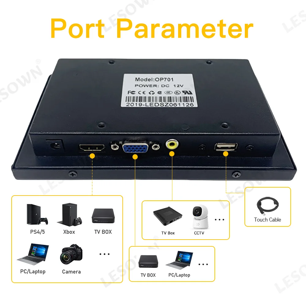 LESOWN Monitor Industri Bingkai Terbuka LCD IPS 7 Inci 1024X600 Rentang Suhu Lebar (-10 ℃   hingga 60 ℃ ) dengan VGA HDMI AV USB (sentuh)