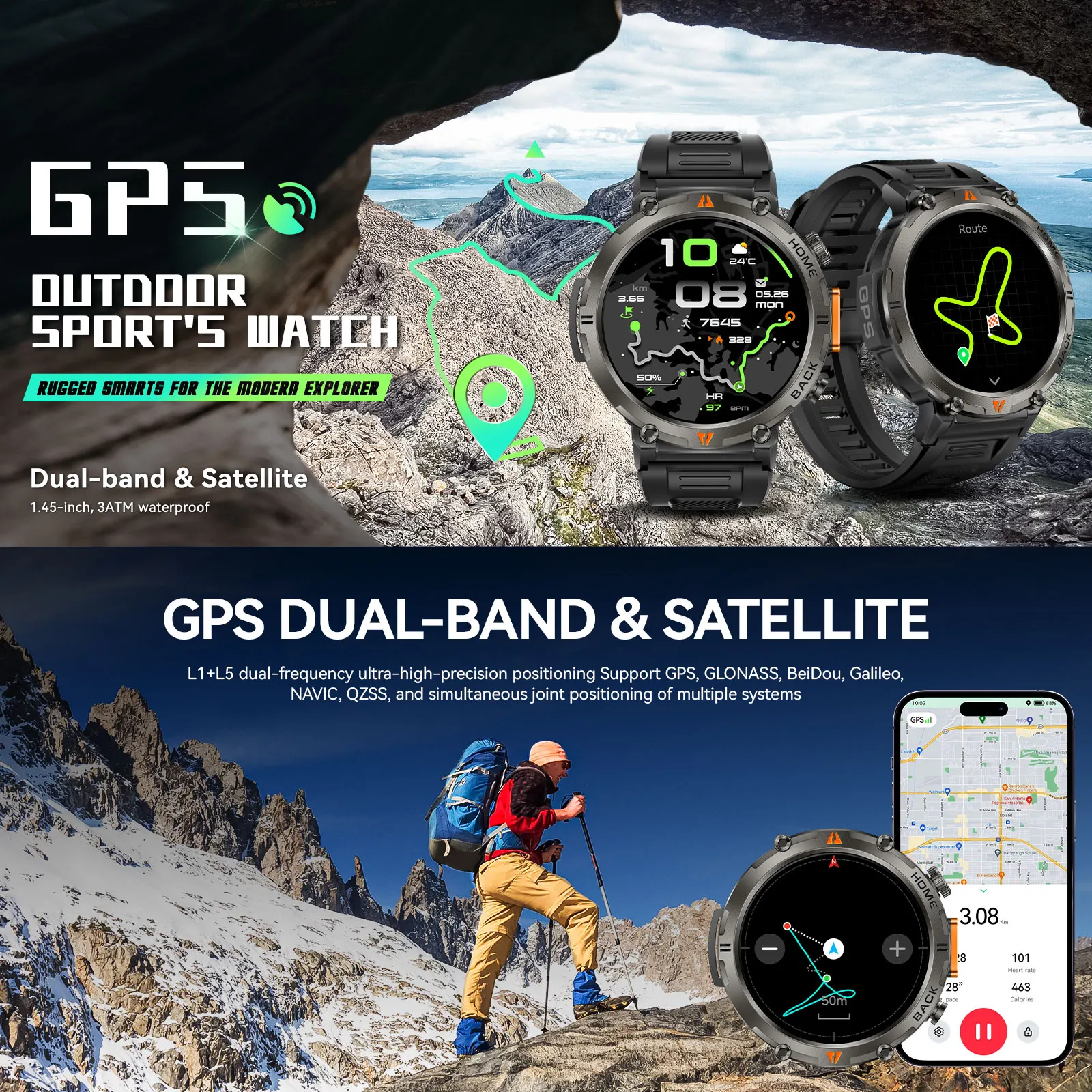 EIGIIS KE3Pro Original Smart Watch for Men with LED Flashlightwith Heart Rate Sleep fitness Monitor with GPS Multiple Sport Mode