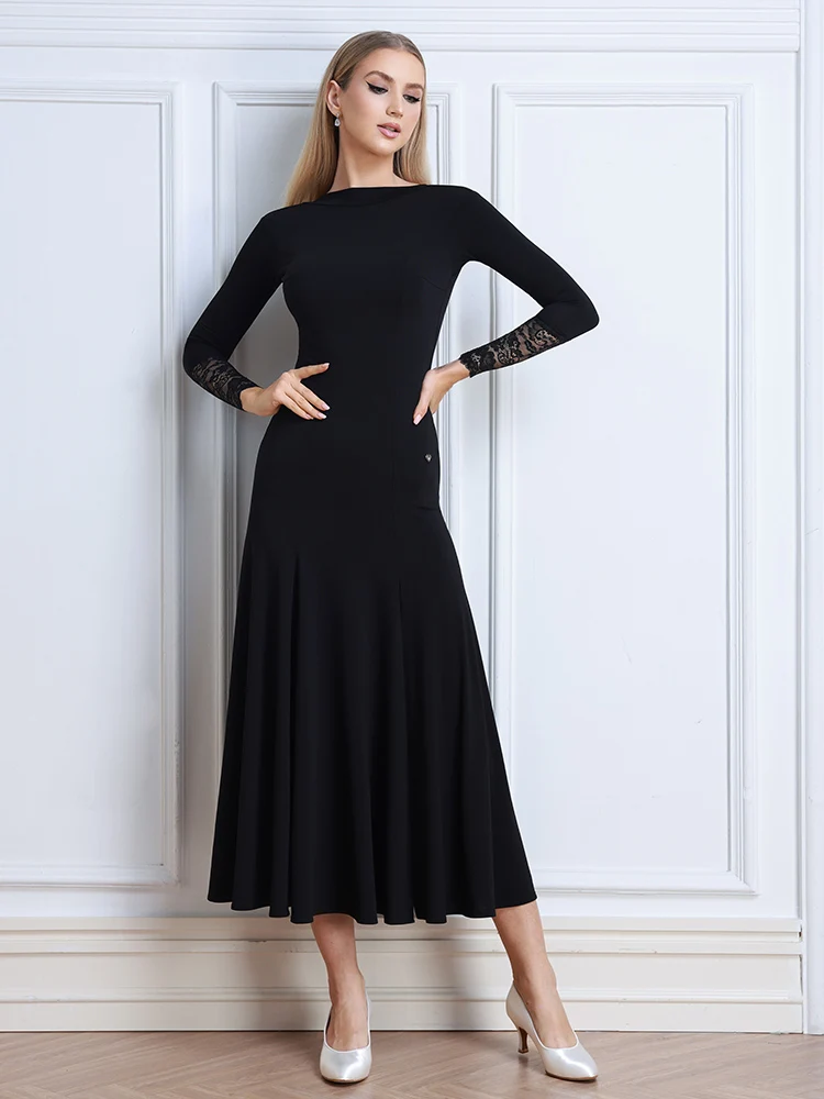 Women's Ballroom Dancing Dress Black Standard Dance Performance Costume Lace Sleeve Long Dresses Lady Waltz Dancewear AMY3098