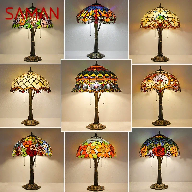 SAMAN Tiffany Table Lamp LED Luxury Creativity Living Room Study Bedroom Bedside Lamp Villa Hotel Color Glass Desk Light