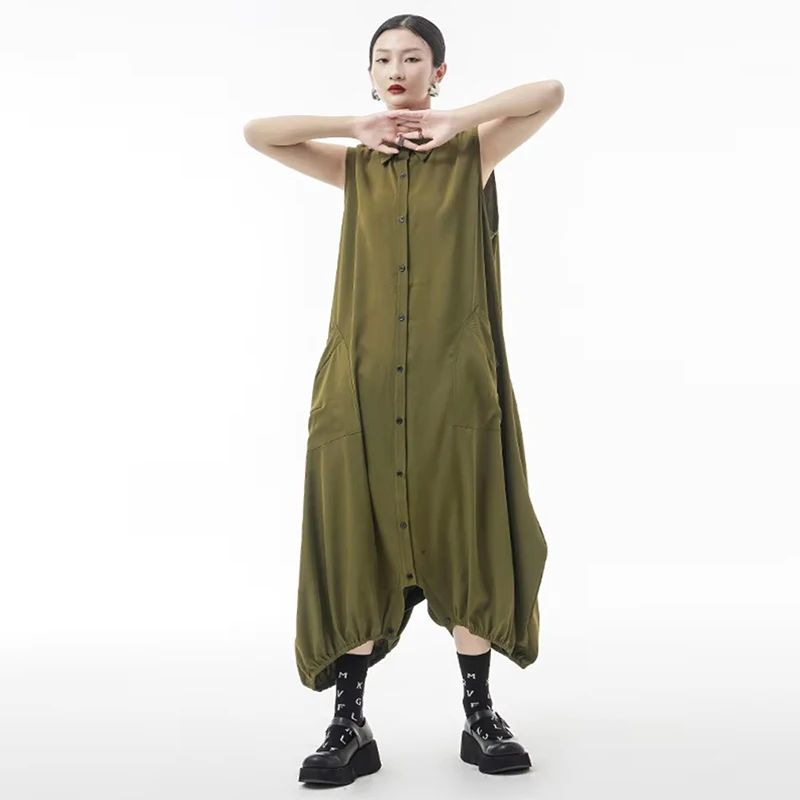 Women Army Green Big Size Long Pocket Jumpsuit New High Waist Pocket Stitch Pants Fashion Tide Spring Summer 2024 1DH4548