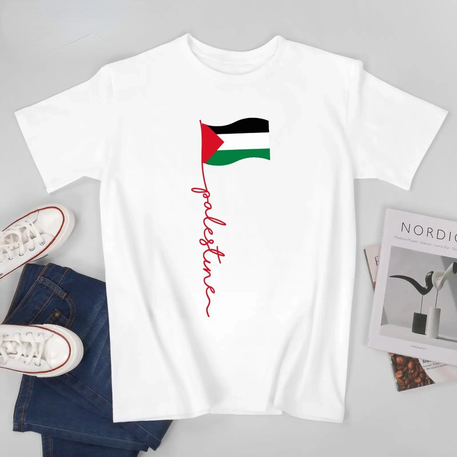 Unisex Men Palestine Flag with  Name  Fashion High Quality Cotton T-Shirt  O-neck Casual Print  Factory Delivery  All-match