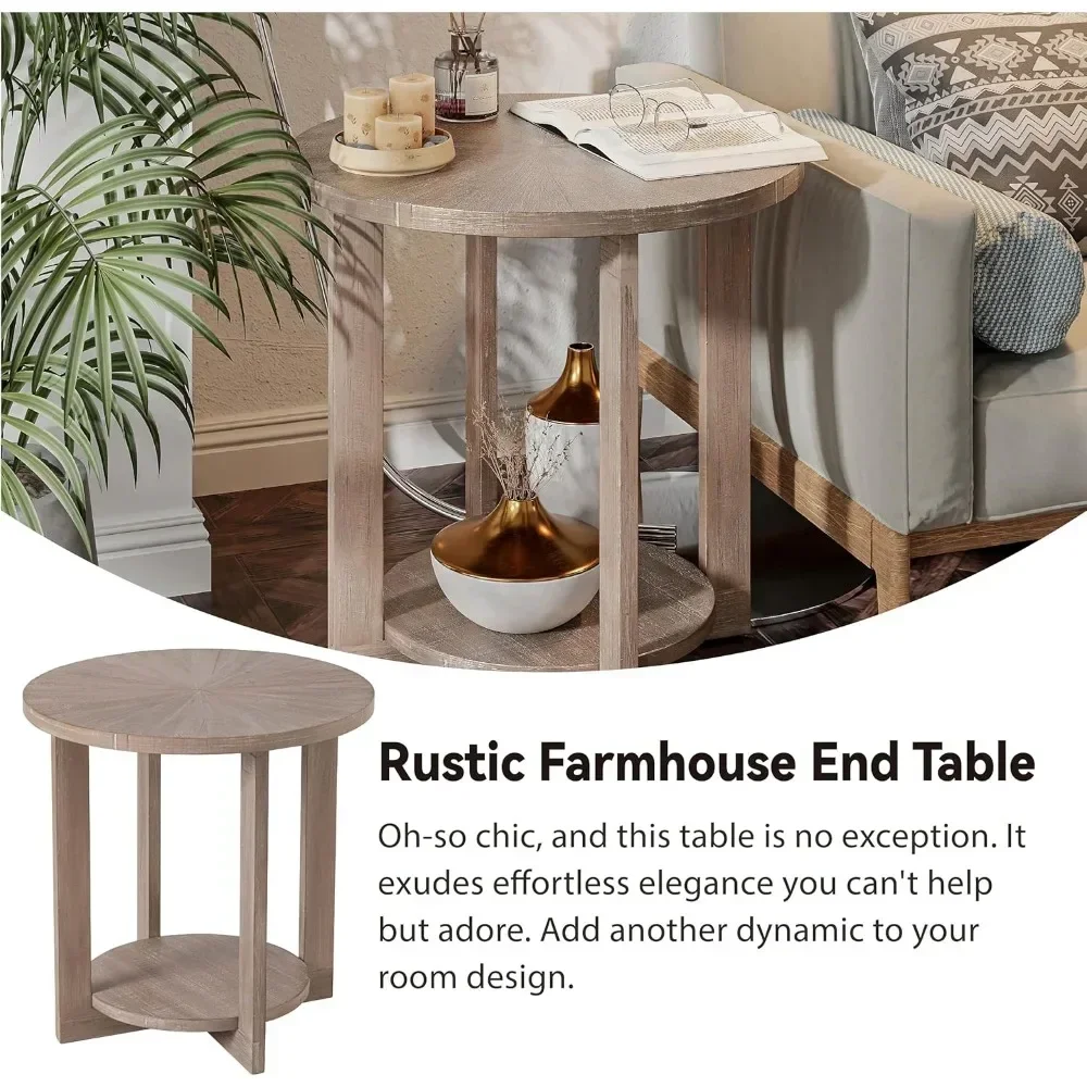 Round Wood End Tables with Storage, Rustic Farmhouse Accent Table with Distressed Wood Top, Circle Table for Living Room