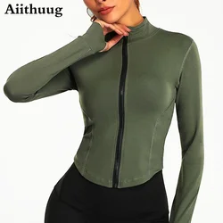 Aiihuug feminino completo zip-up yoga topo treino correndo jaquetas com buracos de polegar elástico cabido manga longa colheita topos activewear