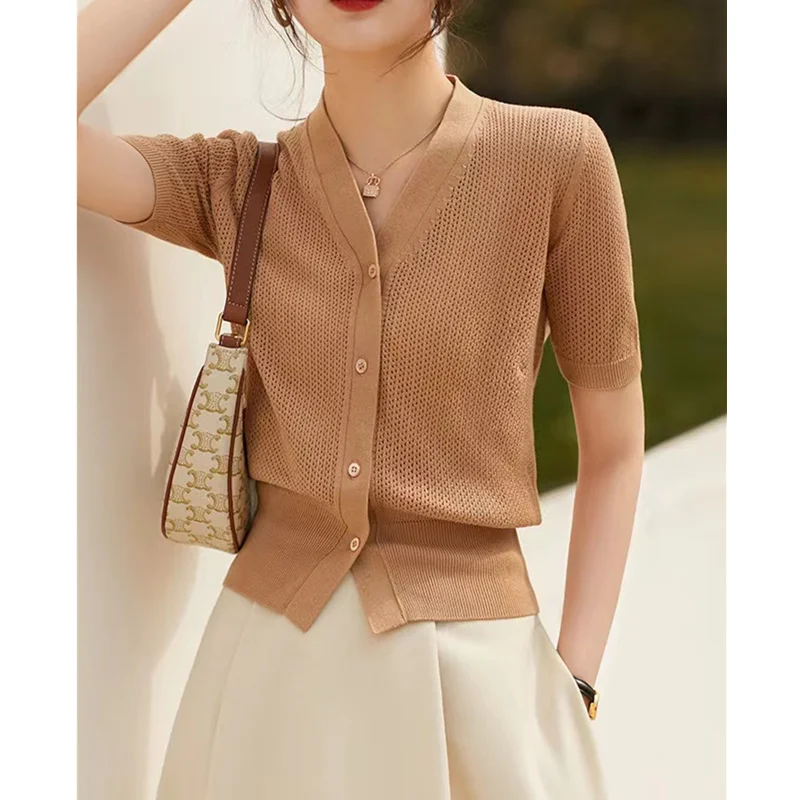 out hollow knit cardigan ice silk short sleeve female summer new air conditioning shirt cotton and linen sunscreen jacket