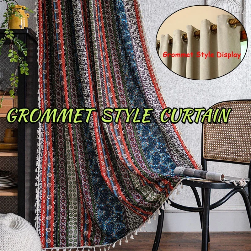 

Geometric Striped Curtains With Tassel Blackout Curtains for Living Room Bedroom,Boho Style Linen Window Curtain Drapes Grommet