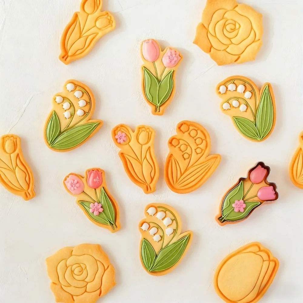 4Pcs Mother's Day Flower Cookie Cutter Set  Tulip Rose Lily of the Valley Embossed Molds for Fondant Biscuits Cake  DIY Baking