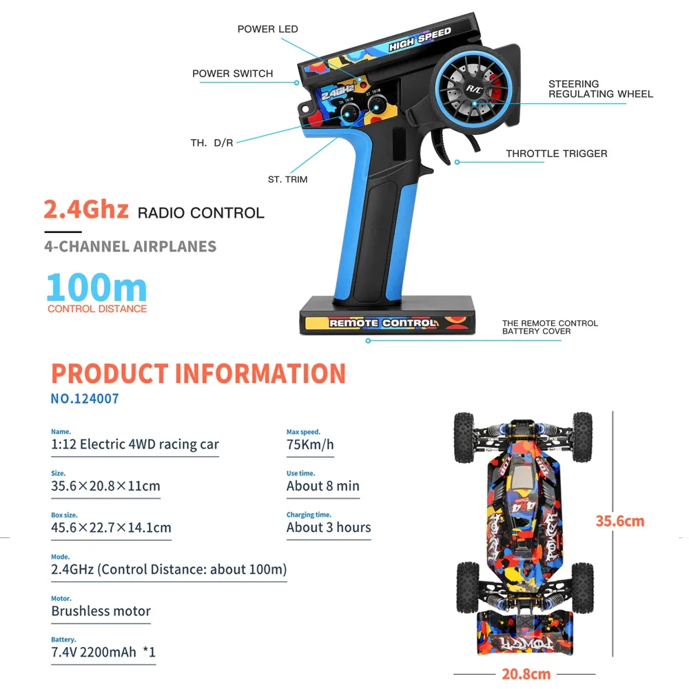 WLtoys 124007 1:12 Electric 4WD Racing Car 75km/h Speed RC Car 2.4G Remote Control Drift Crawler Built-in Mobile Phone Bracket