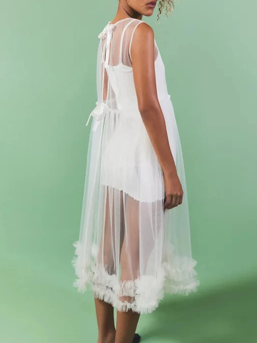 Robe mi-longue en maille transparente pour femme, col rond transparent, robe de plage, robe de soirée, club