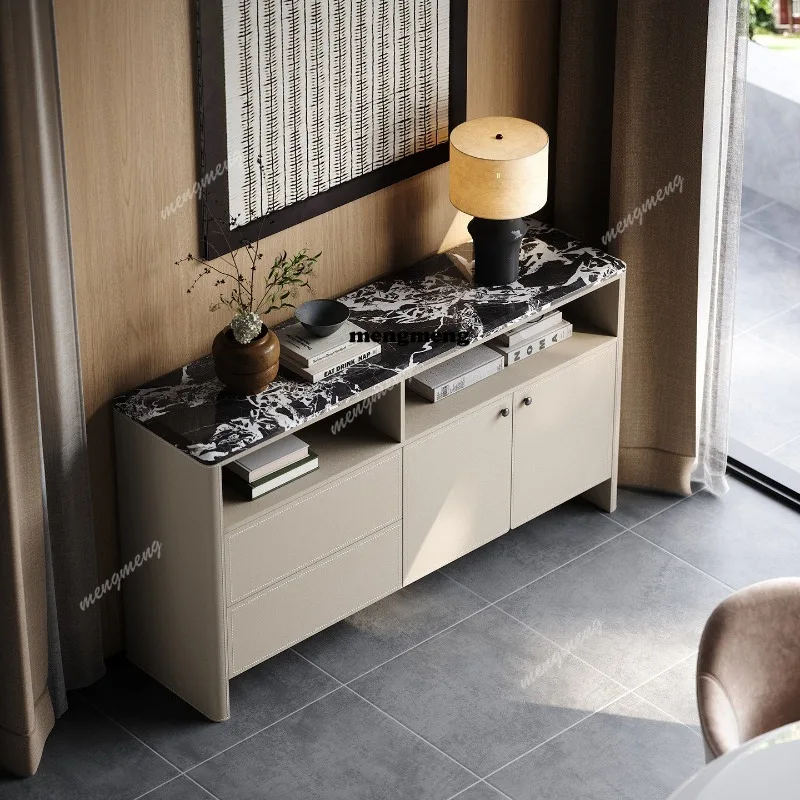 Saddle leather Italian minimalist home multi-functional storage cabinet, light luxury living room integrated sideboard