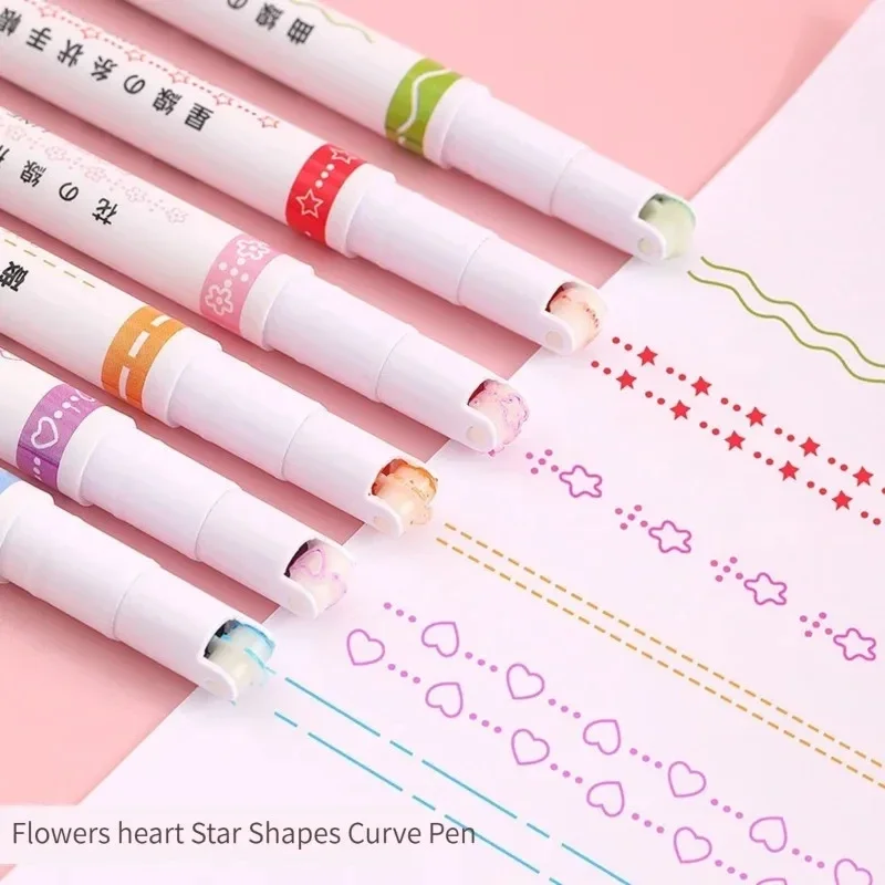 

6Pcs/set Kawaii Flowers Line Shaped Highlighter Pens Roller Tip Curve Liner Marker for Writing Journaling Drawing Stationery