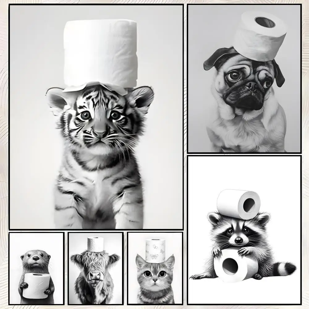 B-Black and White Cute Animal and Toilet Paper Poster Trendy HD PP Paper Waterproof Wall Art Print for Bedroom Living Room Decor