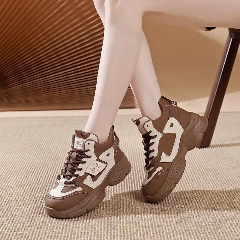 Sneakers Dames Casual Schoenen Nieuwe 2025, Mode Hoogte Toenemende Dikke Bodem Platform Sportschoenen Lederen Vrouw Dikke Sneakers