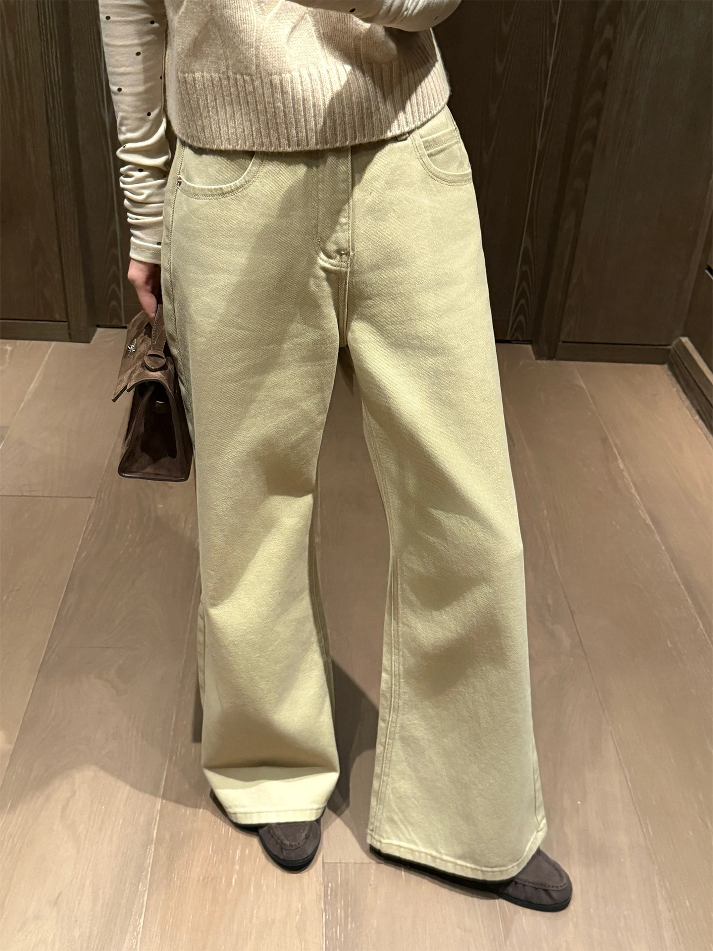 

BULENG Pure Cotton 100% Straight Leg Jeans Women's High Waist Button Fly Casual Washed Khaki Long Pants Slimming Effect
