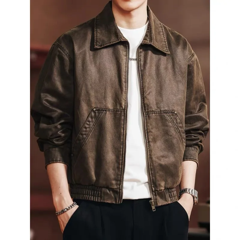 Retro americano Sle ort Jaet hombres otoño nueva ropa de abrigo Casual suelta BaAn aceite cera cuero aspecto Vintage fibra de poliéster
