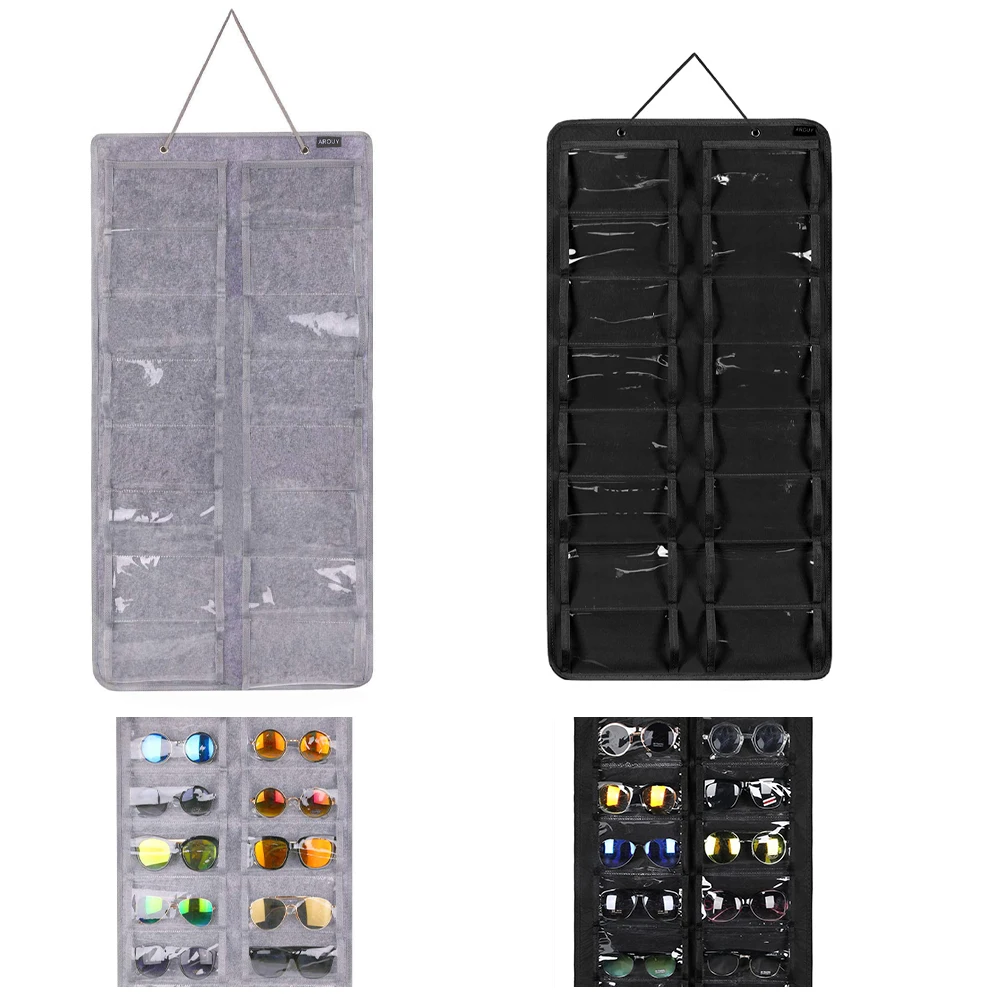 

1pc 16 Slots Felt Sunglasses Organizer Wall-Mounted Pocket Organizer with Metal Hook and Sturdy Rope for Glasses Display Hanging