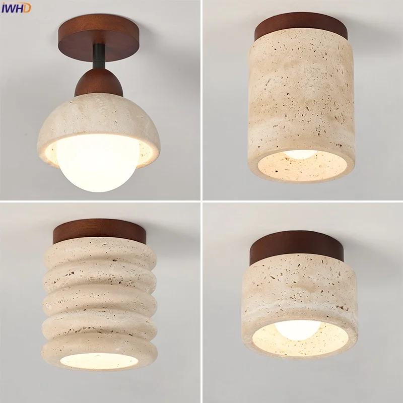 

IWHD Japan Vintage LED Ceiling Lamp For Bedroom Design Living Room Home Interior Yellow travertine Ceiling Light Lampy Sufitowe