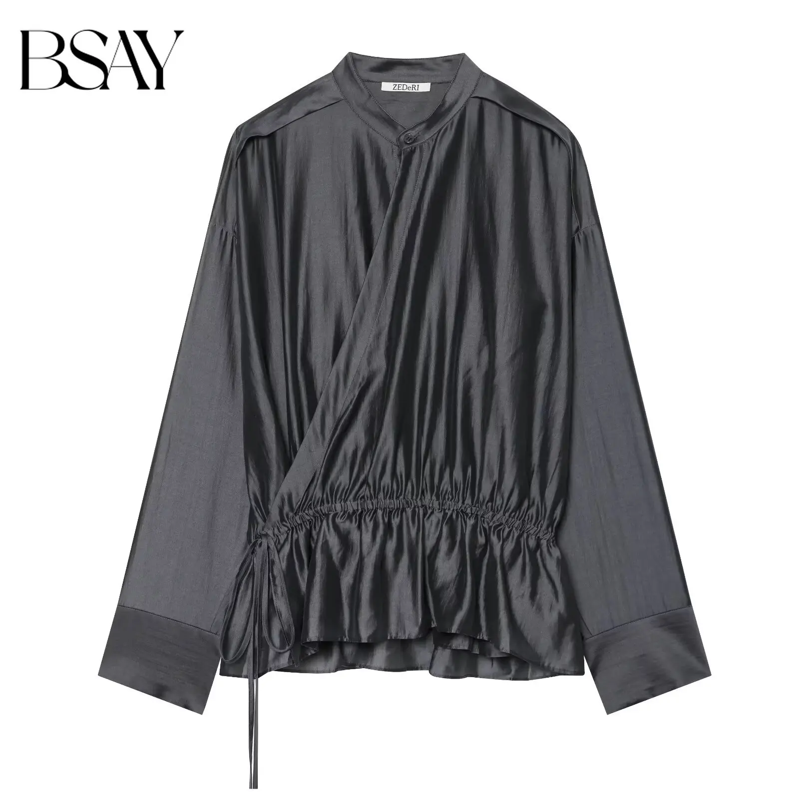 BSAY Damen-Bluse mit doppelter Knopfleiste, drapiert, Stehkragen, lange Ärmel, Kordelzug an der Taille, Wickeloberteil, lässig, elegant, Büro-Damenhemd