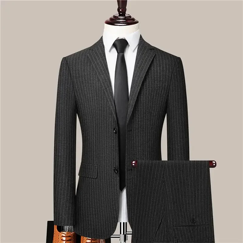 

Boutique Blazer + Trousers Men's Fashion Business Plaid Korean Elegant Solid Color Striped British Style Formal Dress Two-piece
