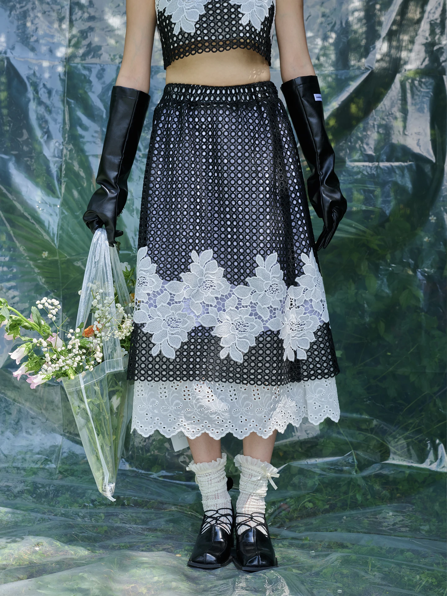 

New Arrival Embroidered Lace Hem Splice Hollow out f Skirt Women's Cleanfit Sle Ci Commute Casual A-Line Skirt