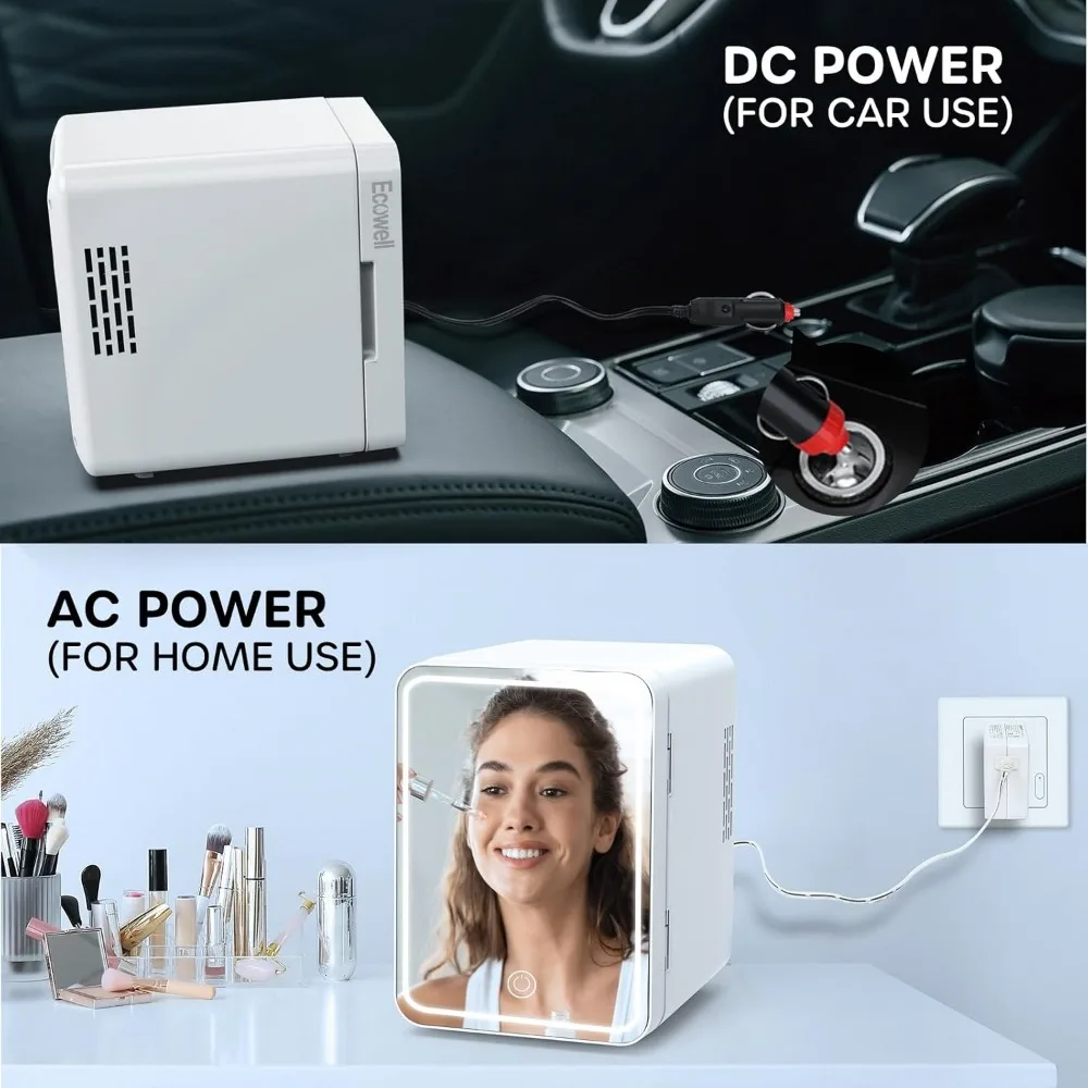 Mini Fridge for Bedroom, Skincare Fridge,  4L, with LED Mirror for Makeup, for Office Dorm Car, Cooler & Warmer, AC & DC