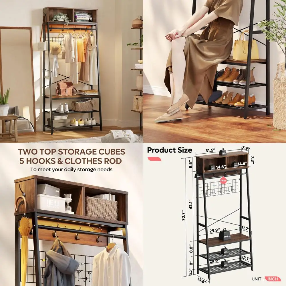 رف معطف المدخل المضيء بإضاءة LED مع مقعد وتخزين الأحذية وسعة كبيرة لتنظيم المدخل