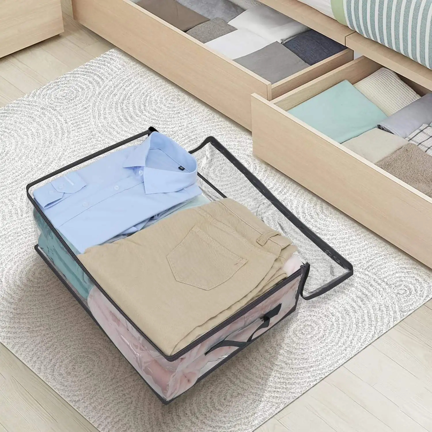 Transparent Foldable PVC Storage Bag with Vinyl Zipper 40L Capacity for Sweater Bed Sheet Storage Clothing Hanging Organizer