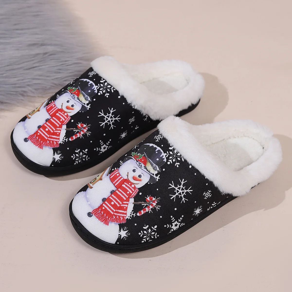 Christmas Party Fluffy Slippers For Women Men Winter Warm Shoes Soft Faux Fur Anti-slip Lovers Indoor Home Floor Cotton Slipper - Image 2