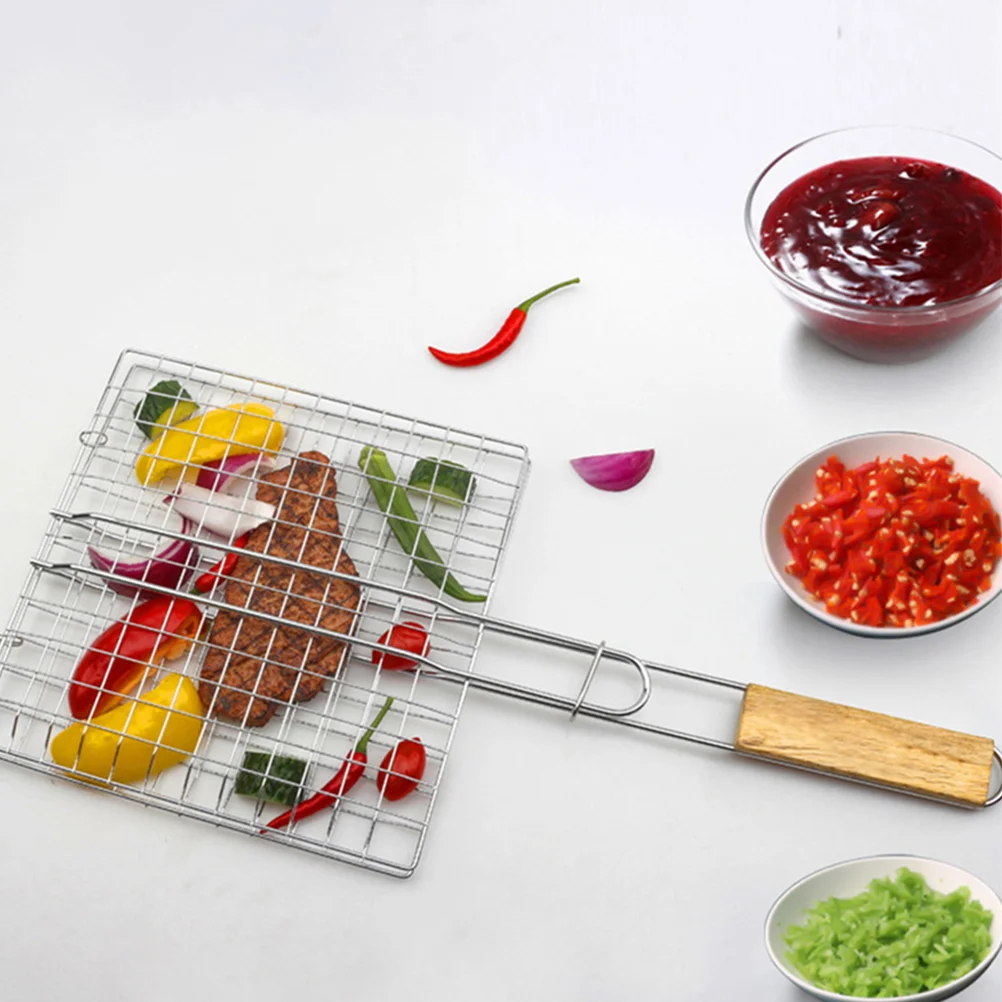 BBQ Net Grilled Fish Clip Non-deformable Basket Stainless Steel Barbecue Tool Stand Durable Wood Grilling