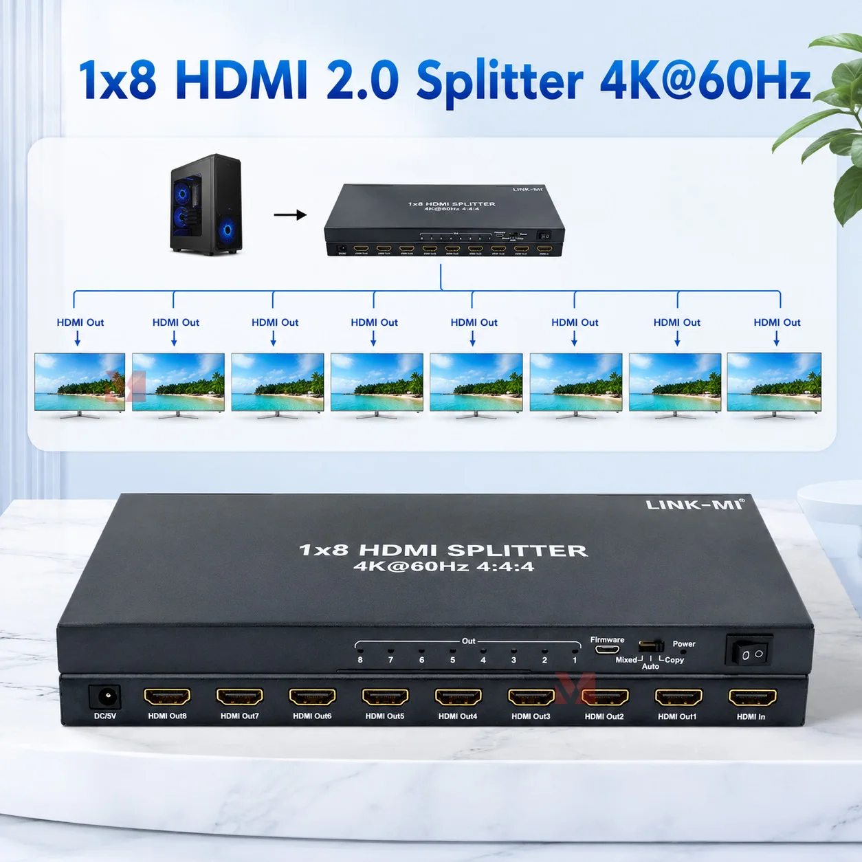 HDMI-сплиттер 4K 60 Гц HDMI2.0 1x2 1x4 1x8, 1 вход, 8 выходов, поддержка режимов отображения 3D YUV 4:4:4