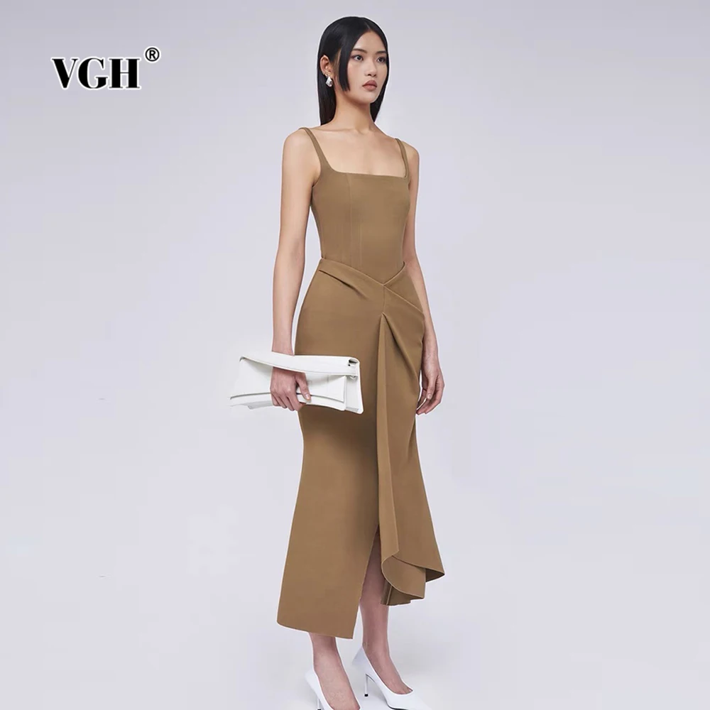 

VGH Temperament Slimming Spliced Folds Dresses For Women Square Collar Sleeveless High Waist Casual Dress Female Fashion Style