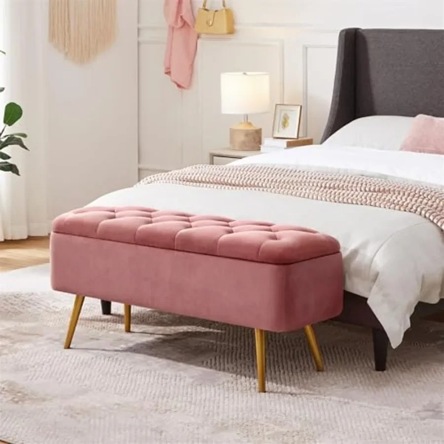 43in Velvet Storage Ottoman Bench for Bedroom End of Bed: plush velvet fabric, rich charcoal gray, hidden storage compartment a