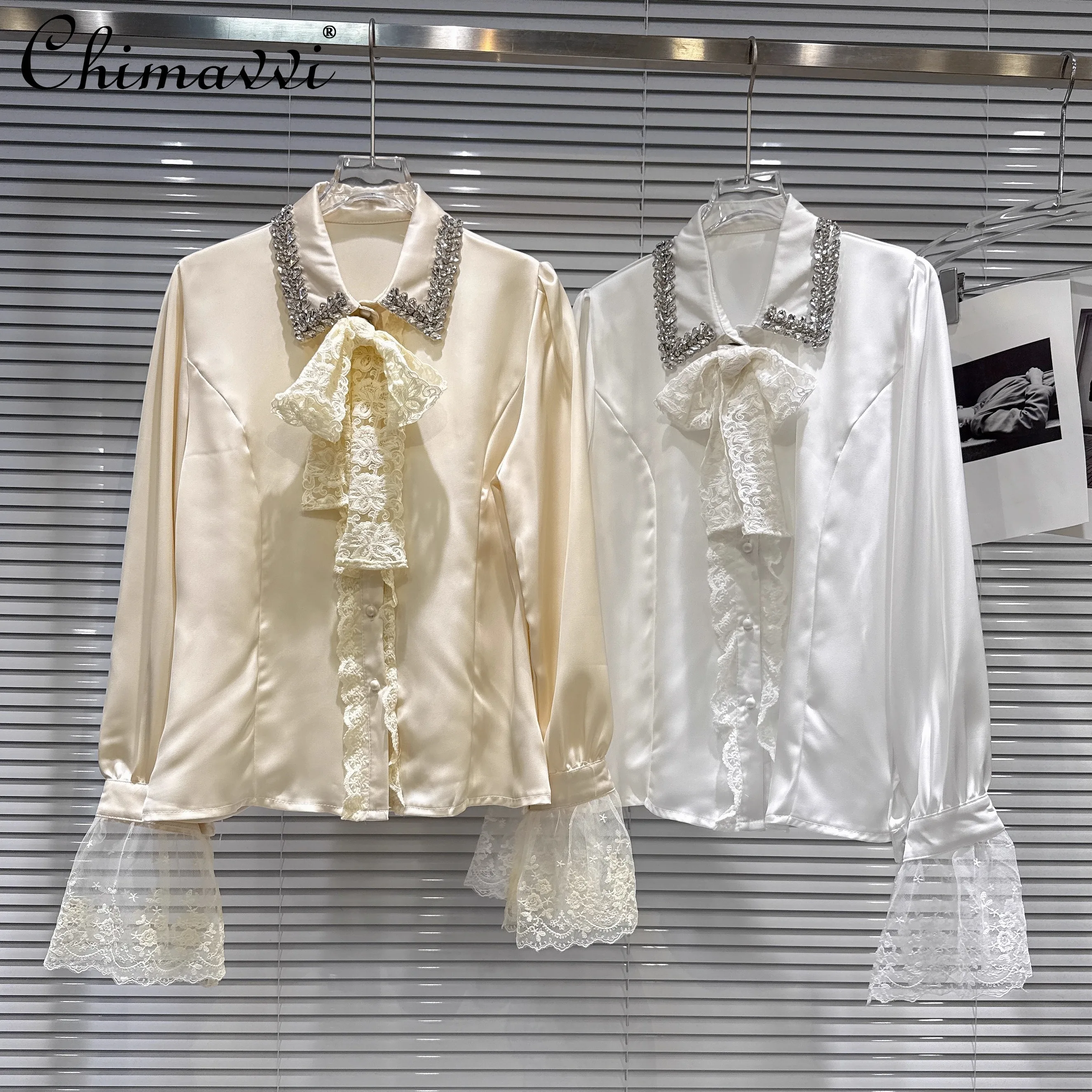 

French Elegant Socialite Diamond Polo Collar Lace Lace-up Bow Long Sleeve Single-Breasted Versatile Blouses Shirts Women Autumn