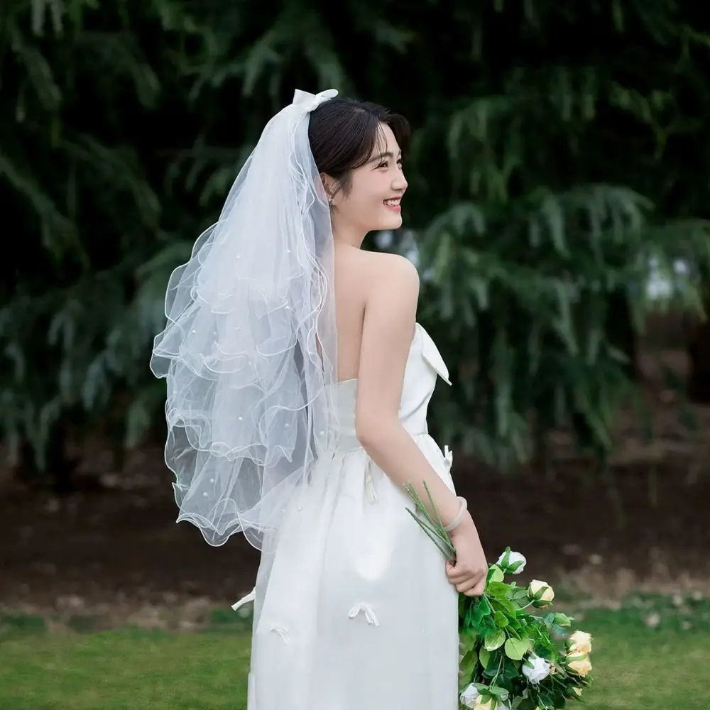 

New Four-layer Bridal Veil Pearl Bow Ribbon Soft Tulle Wedding Veils White Curled Bride Head Gauze Wedding Accessories