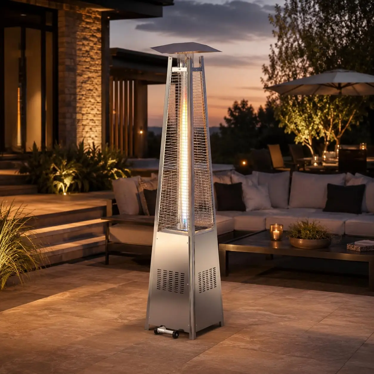 48,000 BTU Propane Pyramid Patio Heater for Outdoor Use, Silver