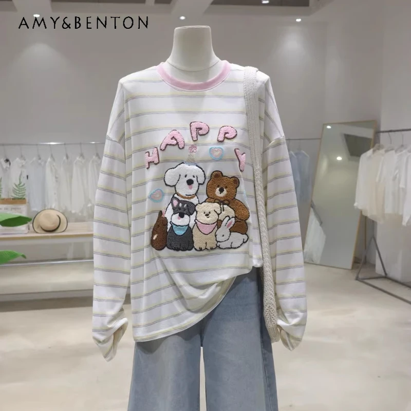 

Comfortable Thin Breathable Girl Cartoon Flocking Cartoon T-shirt Summer Loose And Thin Striped Long-sleeved Sunscreen Top Women