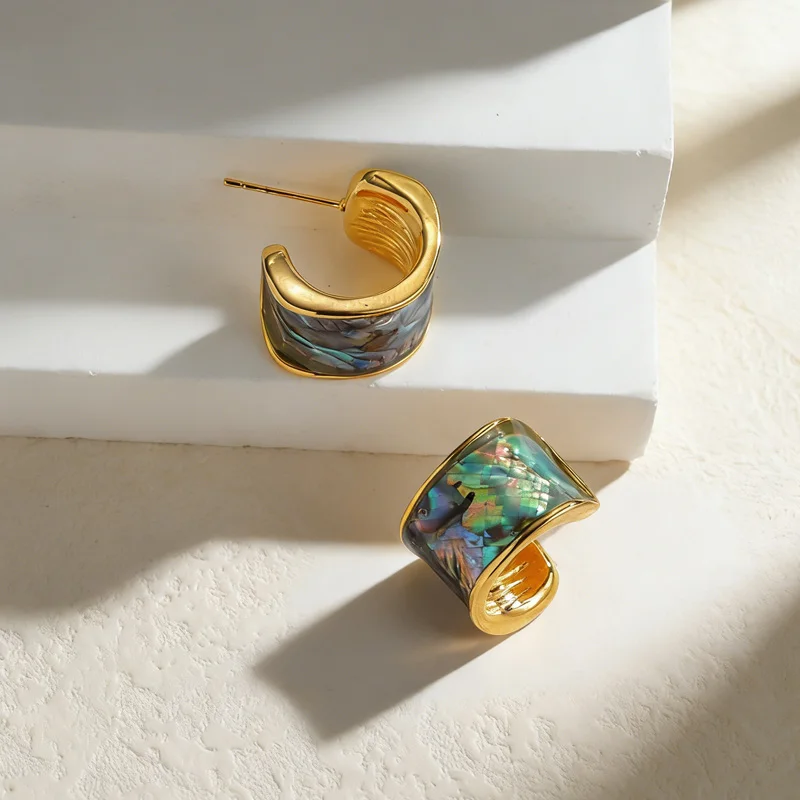 Unique C-shaped Abalone Shell Pattern Stud Earrings For Women Gold Plated Stainless Steel Curved Earrings Jewelry Gifts